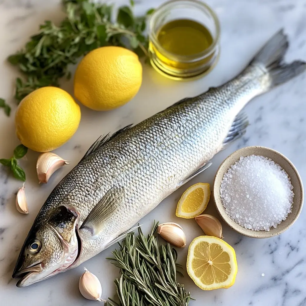 A whole branzino fish displayed on a marble surface, surrounded by Mediterranean ingredients: fresh lemons, garlic cloves, a bowl of sea salt, sprigs of rosemary, and a small jar of olive oil.