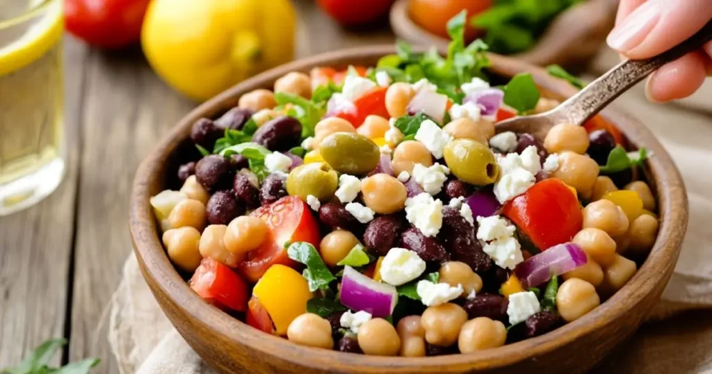 A colorful dense bean salad in a rustic wooden bowl, featuring chickpeas, black beans, cherry tomatoes, red onions, olives, feta cheese, and fresh herbs, with a fork lifting a bite.