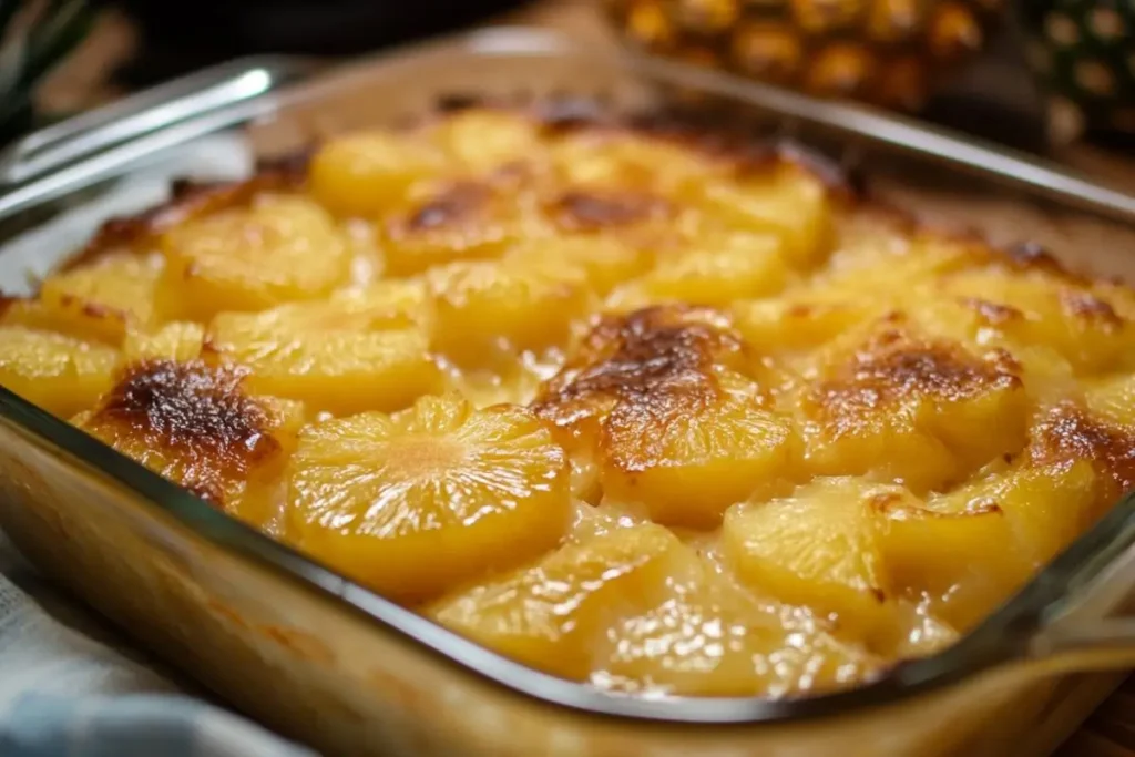 A glass baking dish filled with pineapple casserole topped with caramelized pineapple rings, golden and bubbling from the oven.