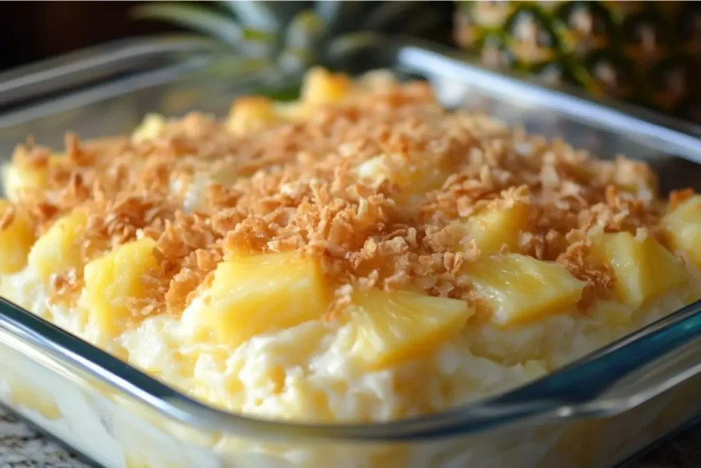 A close-up of a pineapple casserole in a glass baking dish, featuring a creamy, cheesy filling with chunks of pineapple, topped with a golden, crispy cracker crust.