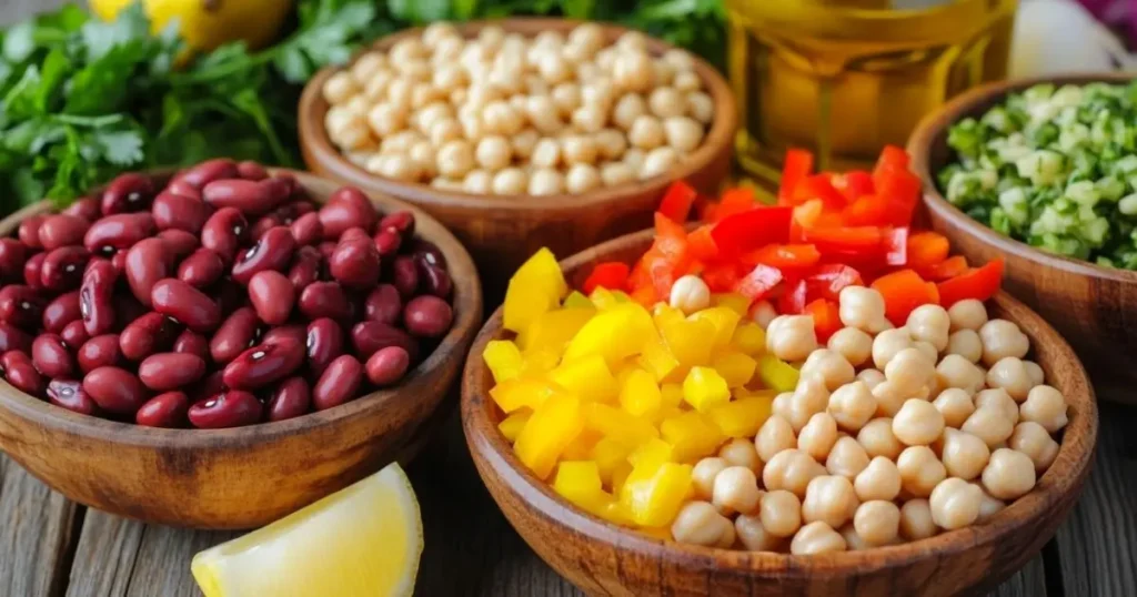 Ingredients for building a nutrient-packed dense bean salad: bowls of cooked chickpeas, kidney beans, and black beans; chopped bell peppers, diced red onions, fresh cilantro, a bottle of olive oil, a lemon halved with juice, all displayed on a wooden table.
