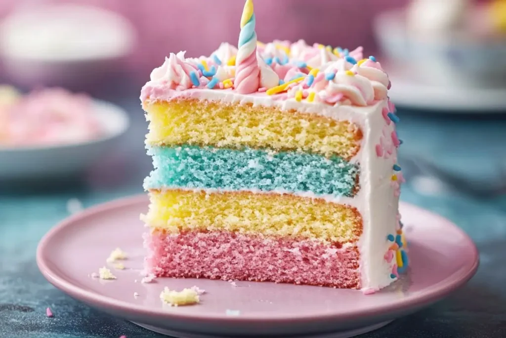 A vibrant slice of unicorn cake featuring pink, blue, and yellow layers with fluffy white frosting, colorful sprinkles, and a unicorn horn topper.