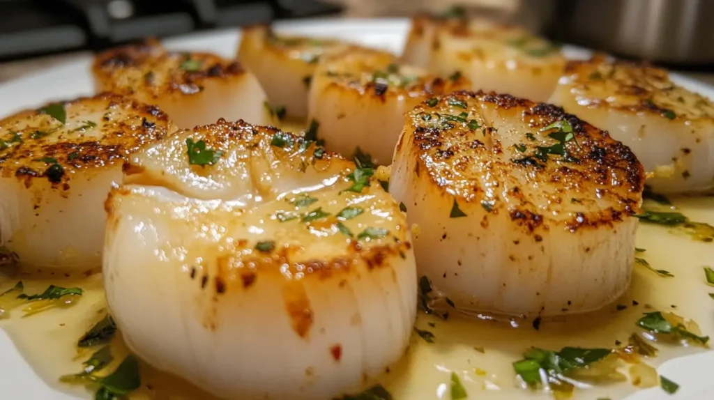 Golden-brown seared scallops on a bed of sautéed spinach with a creamy garlic sauce, garnished with fresh herbs.