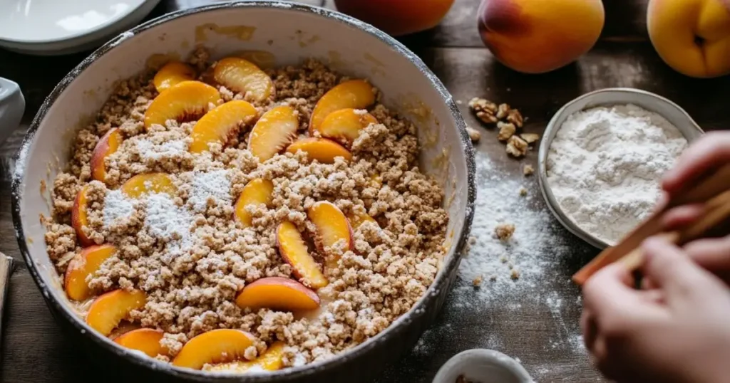 Fresh peach crumble being prepared in a baking dish, topped with a golden crumb mixture, surrounded by ingredients like flour, peaches, and nuts on a rustic kitchen counter.