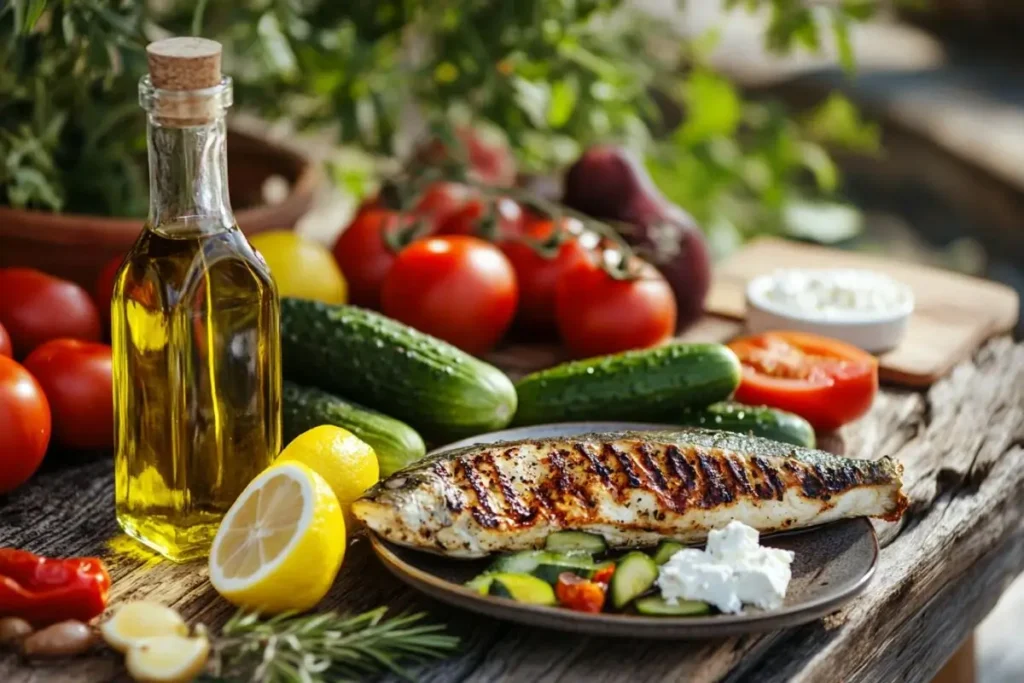 A bottle of olive oil, grilled fish on a plate with zucchini and feta cheese, surrounded by fresh vegetables like tomatoes, cucumbers, and lemons on a rustic wooden table.