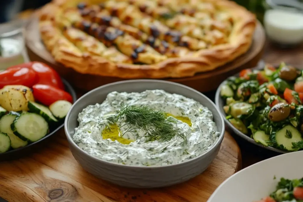 A bowl of creamy tzatziki garnished with fresh dill and olive oil, surrounded by Greek dishes including a colorful salad, roasted vegetables, and a spinach pie.