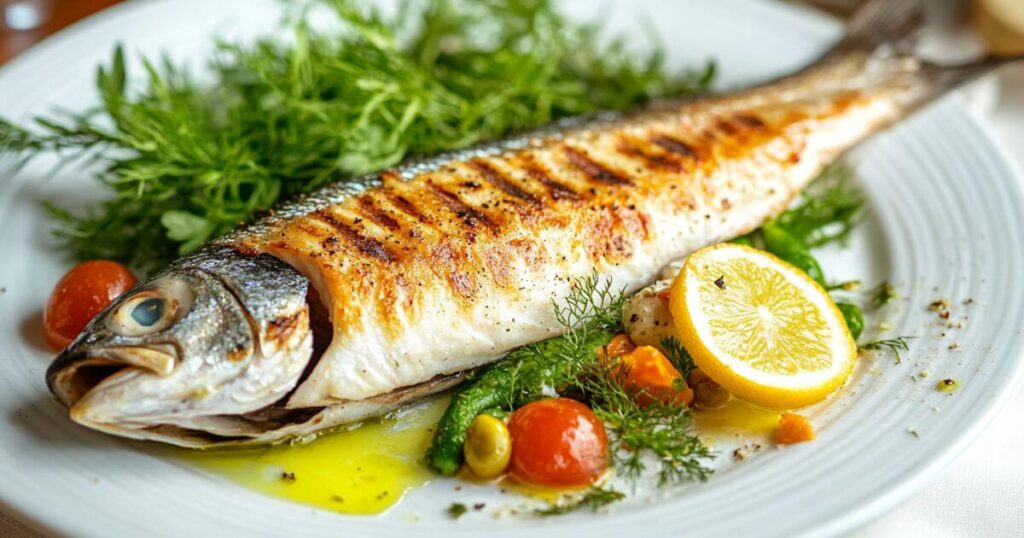 Grilled branzino fish fillet served on a white plate with leafy greens, vegetables, and a drizzle of olive oil, showcasing its nutritious benefits like protein, omega-3s, and low calories.