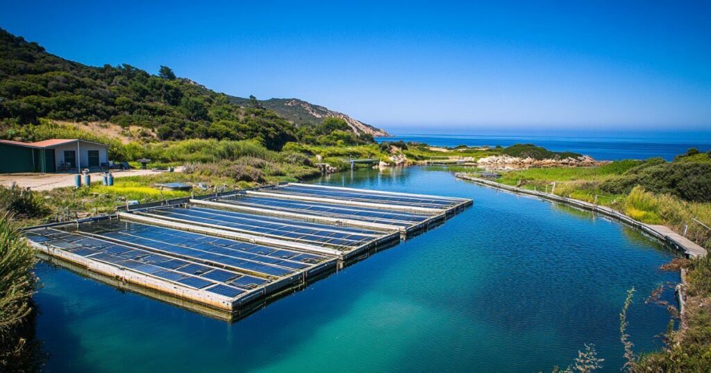 A sustainable Branzino farm with eco-friendly aquaculture practices, featuring clean fish pens, clear waters, and solar panels, set against a lush coastal landscape.