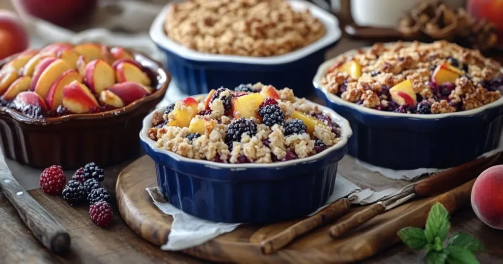 Four variations of peach crumble displayed in blue ceramic dishes, featuring gluten-free, vegan, and mixed-fruit options with vibrant ingredients like peaches, blackberries, and golden crumble toppings.