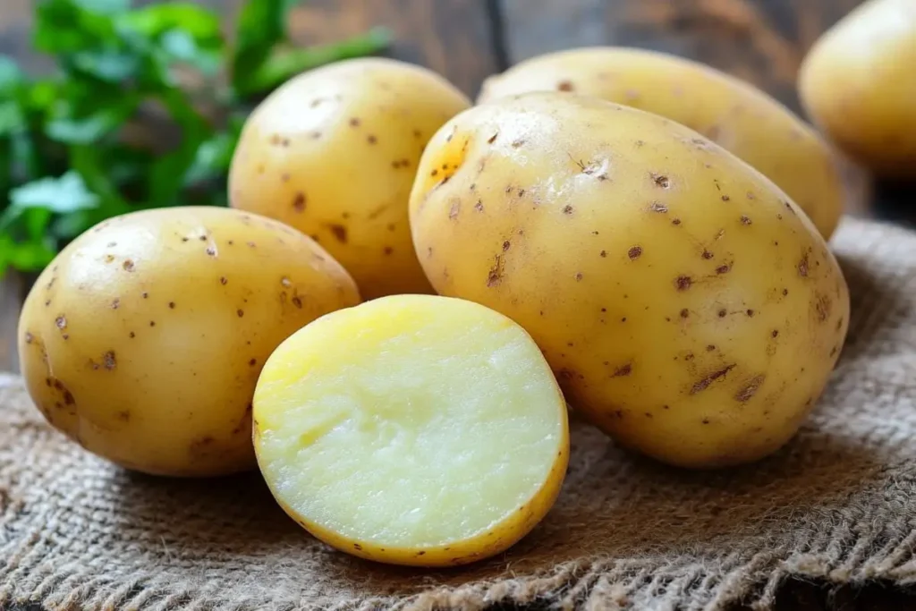 A close-up of Yukon Gold potatoes, with one potato cut in half, revealing its smooth, golden-yellow flesh. The potatoes rest on a rustic burlap surface, with a blurred background of green herbs.