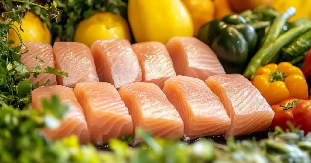 Raw rockfish fillets with fresh vegetables