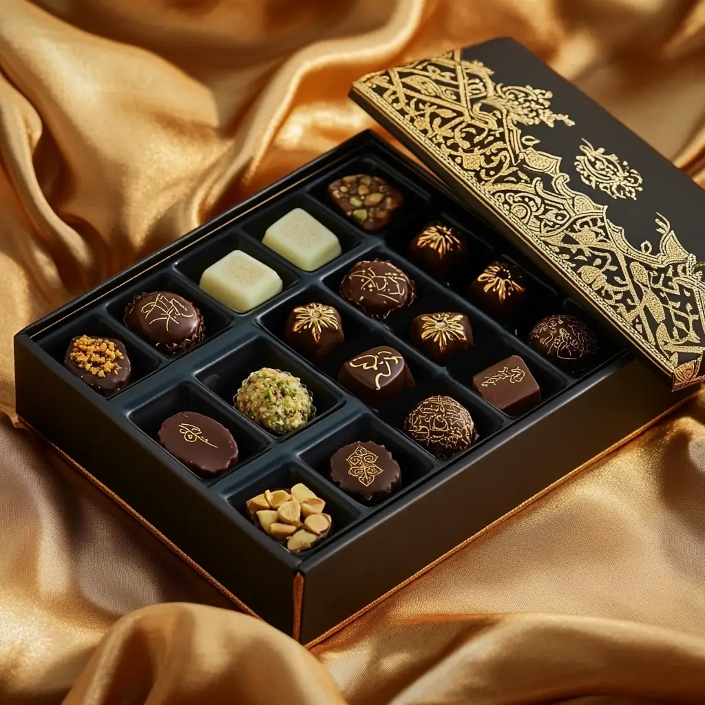 A luxurious black and gold box of Dubai chocolates, elegantly arranged on a golden silk fabric, featuring intricate Arabic-inspired designs and a mix of gourmet flavors.