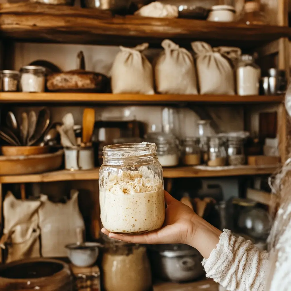 Active sourdough starter in a jar, ready for baking