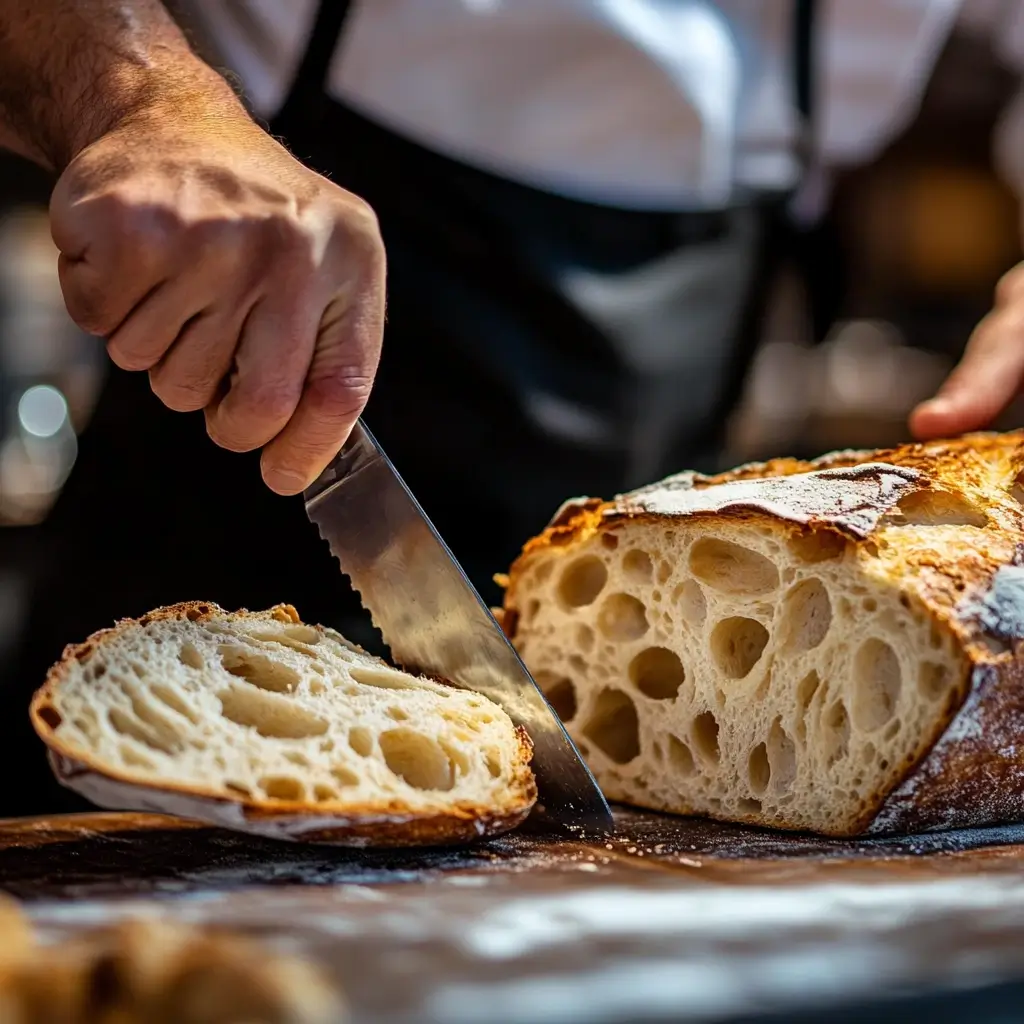 Artisan baker slicing a fresh sourdough loaf