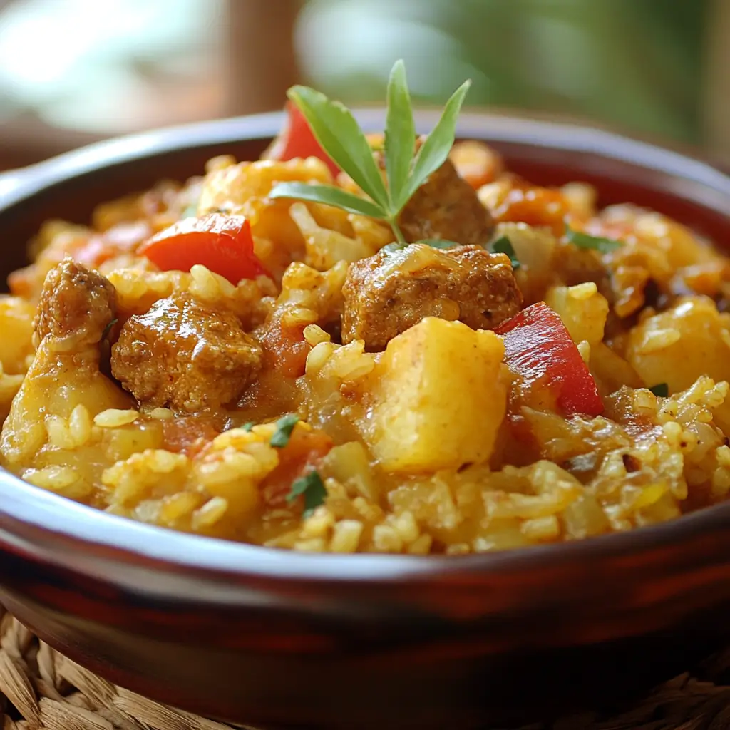 A close-up of Puerto Rico’s national dish, showcasing crispy roast beef, fluffy rice with pigeon peas, and stewed root vegetables.