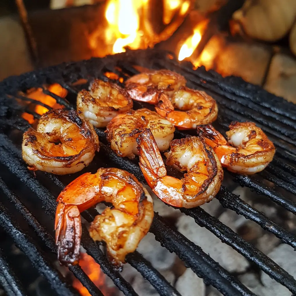 Juicy barbecue shrimp on a grill, coated with seasoning and fresh herbs.