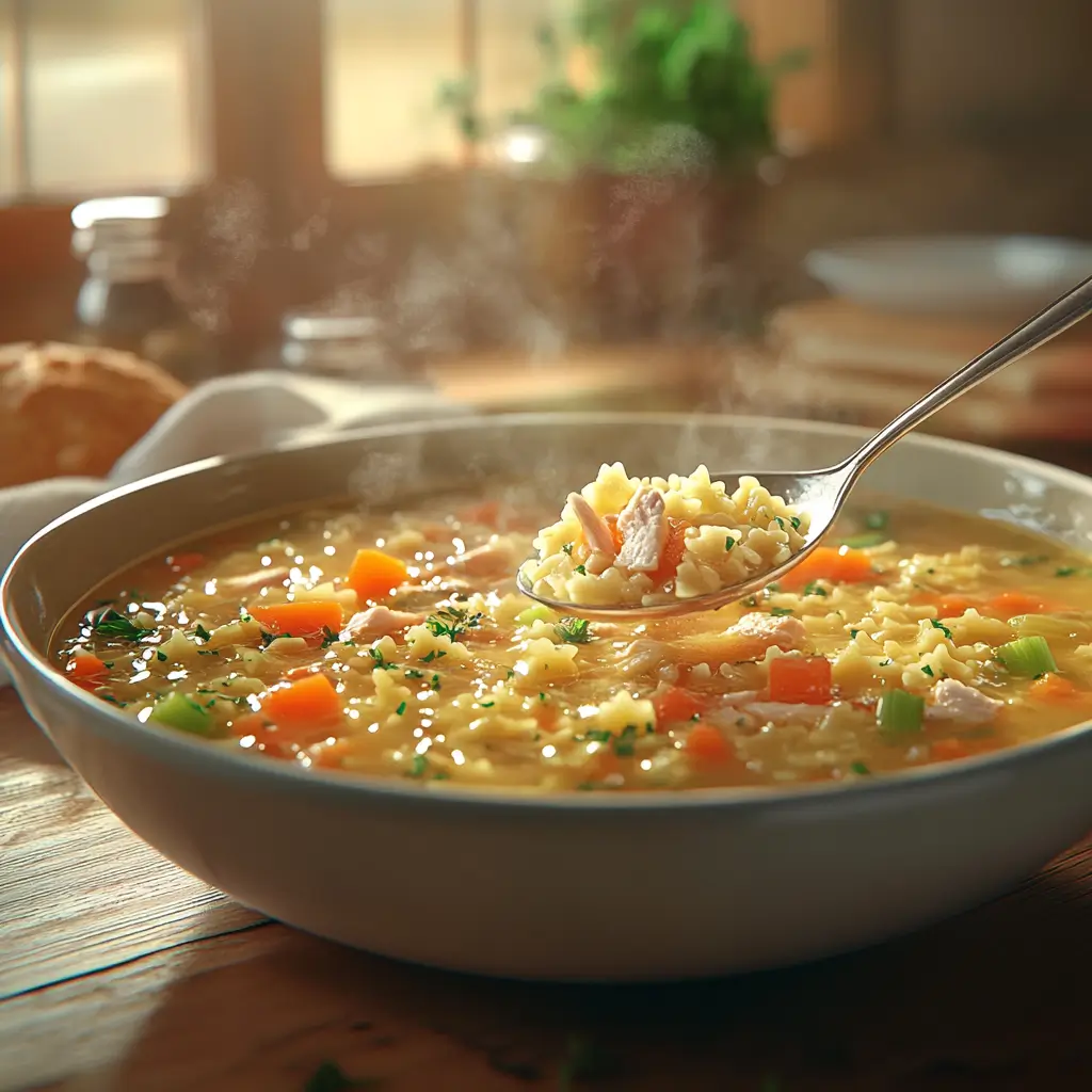 Close-up of a comforting Italian chicken pastina soup with carrots, celery, and herbs.
