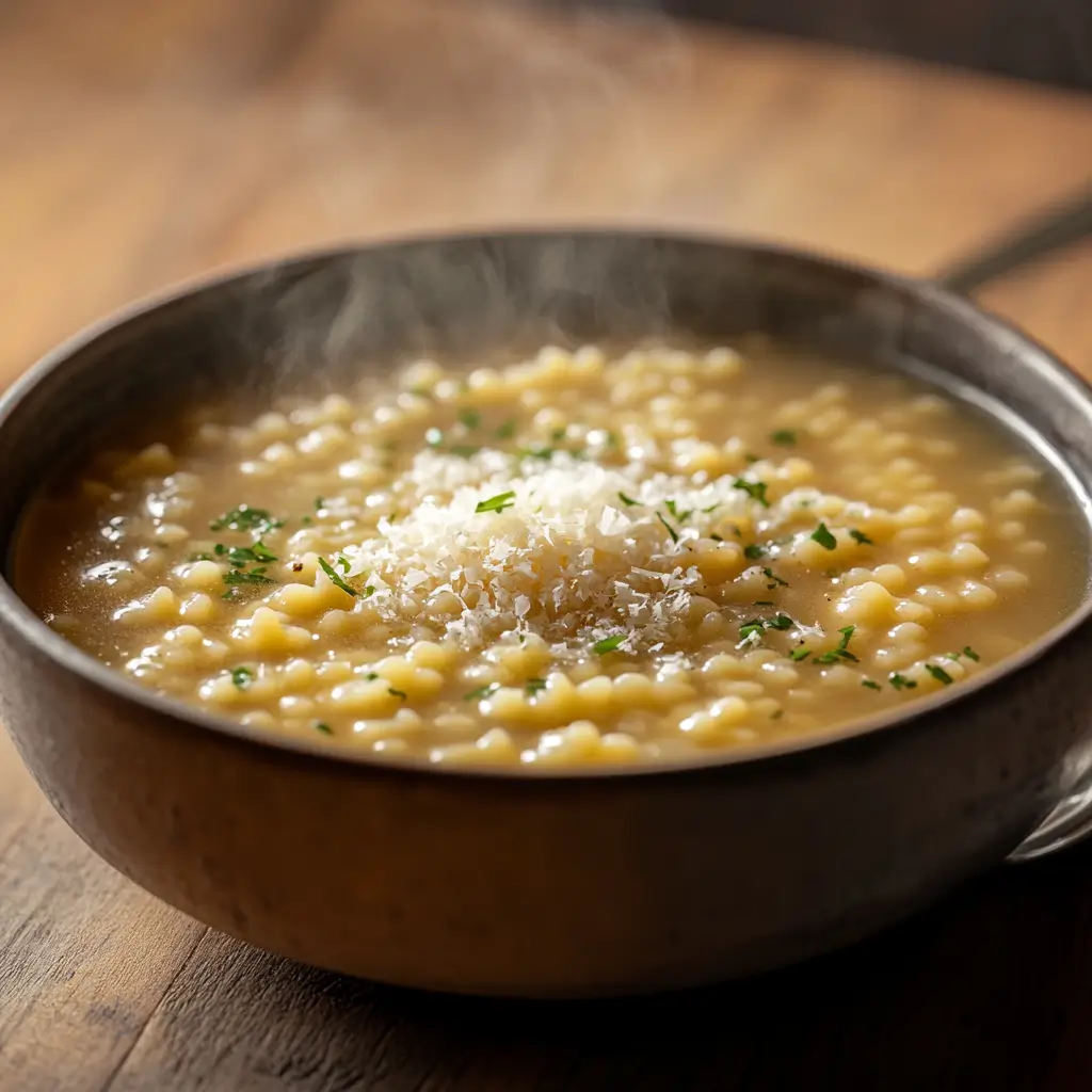 A delicious bowl of traditional Italian pastina soup, featuring tiny star-shaped pasta, broth, and herbs.