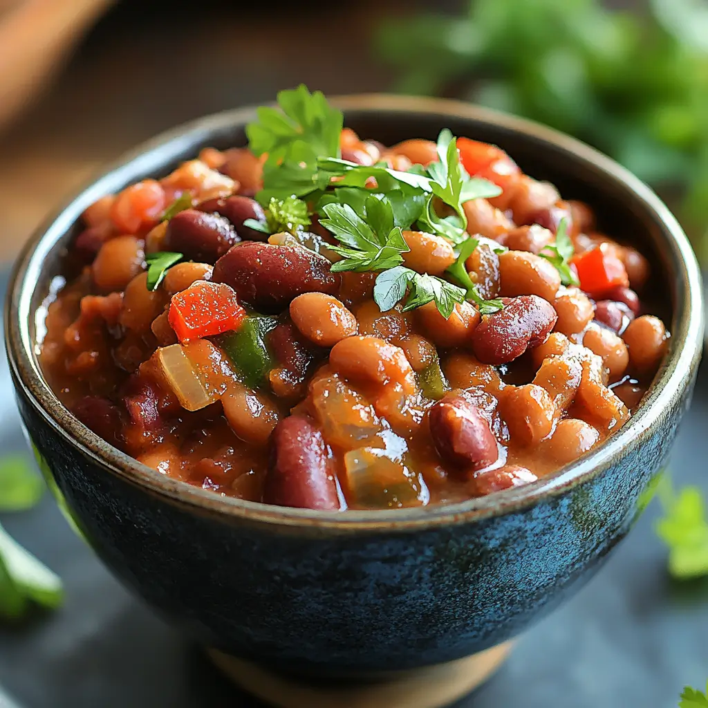 Close-up of a black bowl filled with cowboy beans, garnished with chopped herbs.
