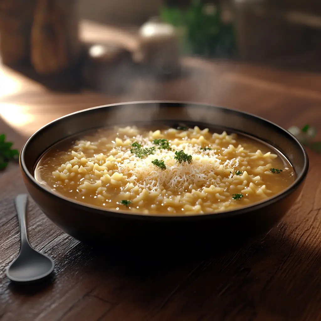 A steaming bowl of pastina soup topped with grated cheese and fresh parsley, served in a black bowl on a wooden table.
