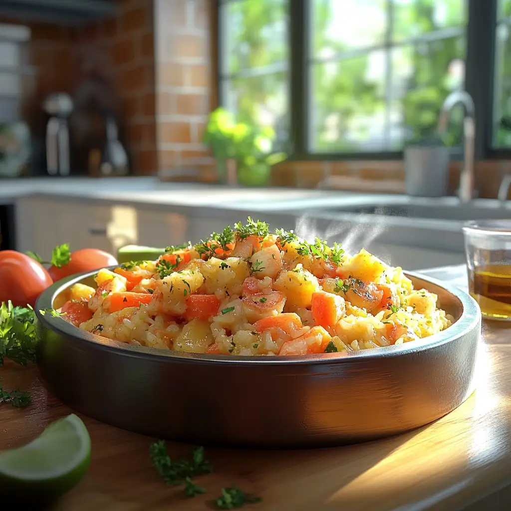 Traditional Puerto Rican cuisine featuring a vibrant seafood and rice dish.