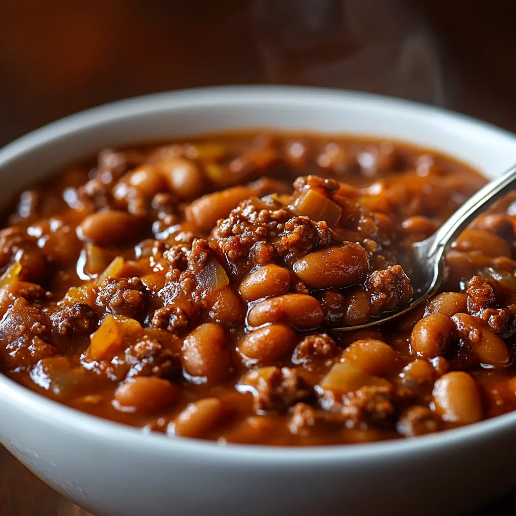 A hearty bowl of slow-cooked calico beans with a thick consistency, packed with ground meat and beans.