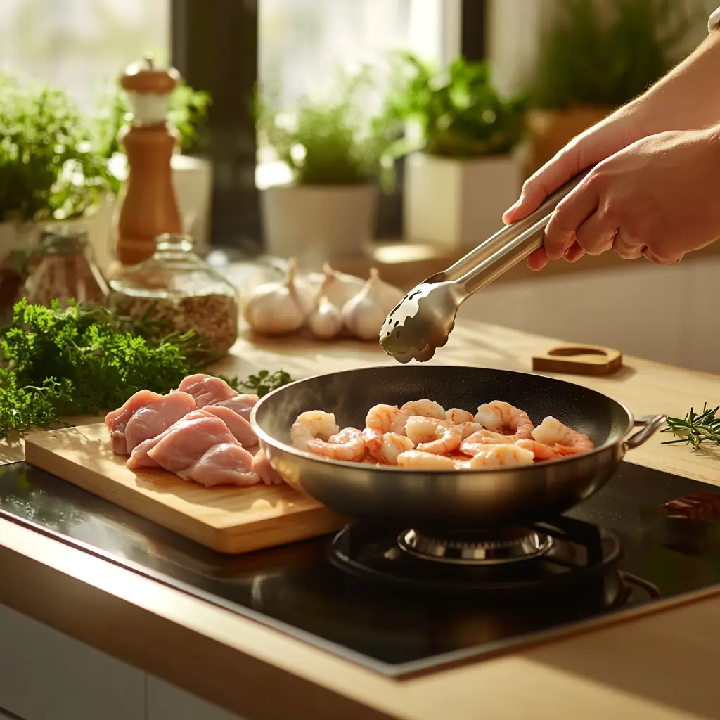A pan filled with sizzling garlic butter shrimp, garnished with fresh chopped green onions.