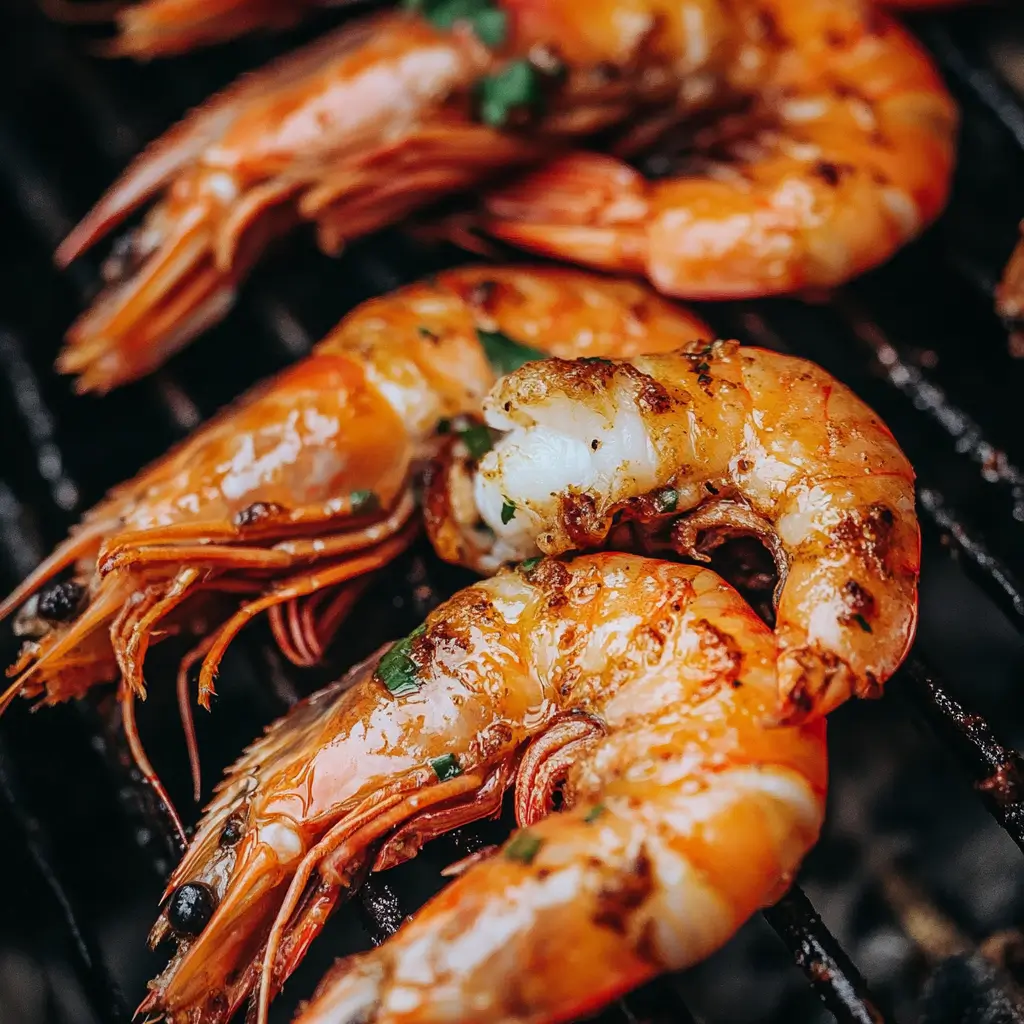 Close-up of grilled shrimp with shells on, showing a crispy and charred texture.