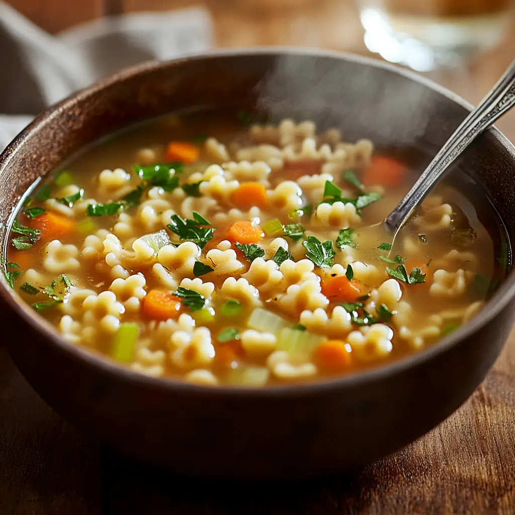 A steaming bowl of pastina soup with vegetables, perfect for when feeling under the weather.
