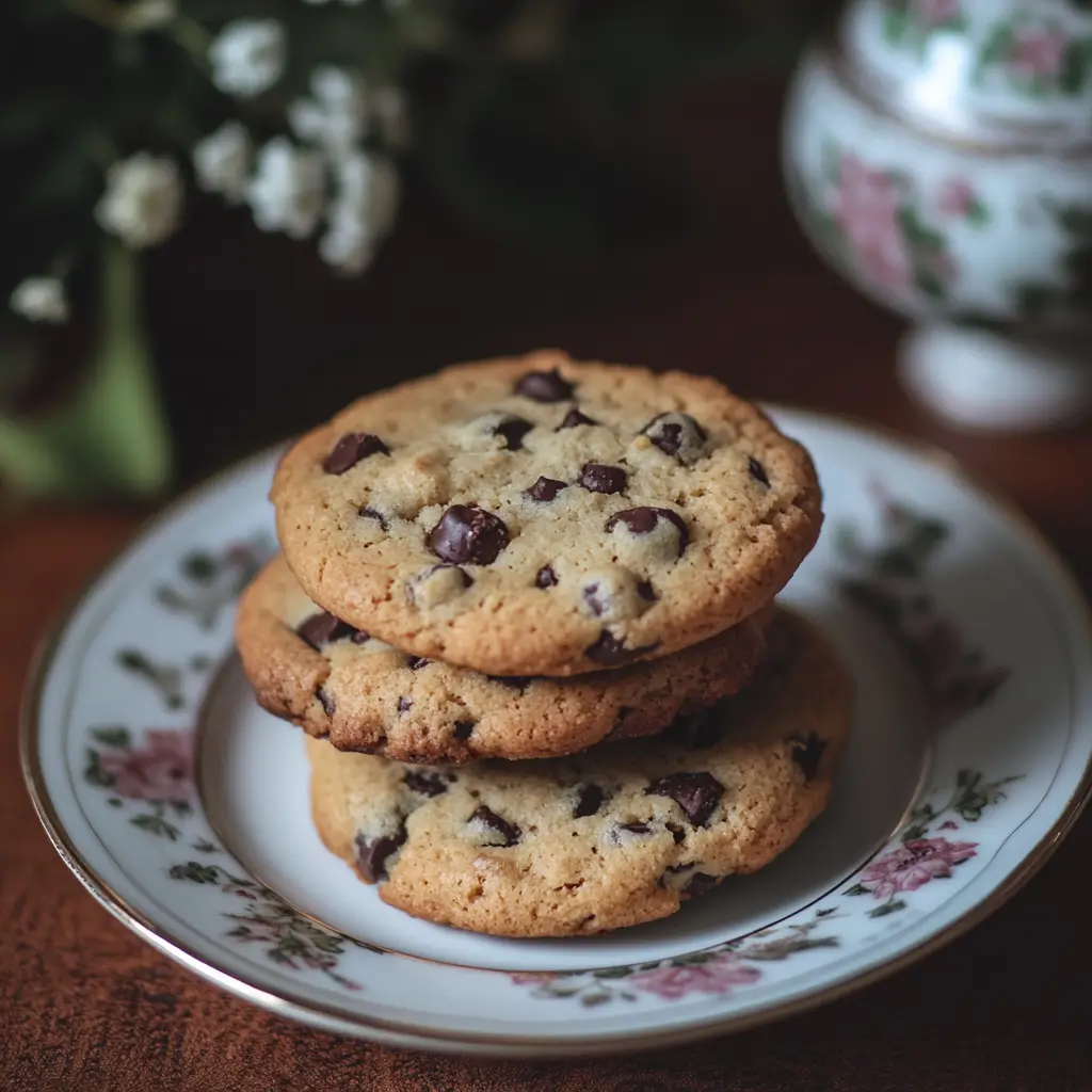 A stack of freshly baked chocolate chip cookies with chocolate chips scattered around, set against a cozy backdrop.