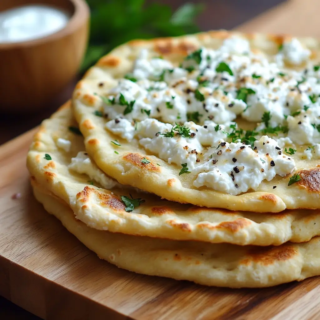 Homemade cottage cheese flatbread on a wooden board, ready to serve.