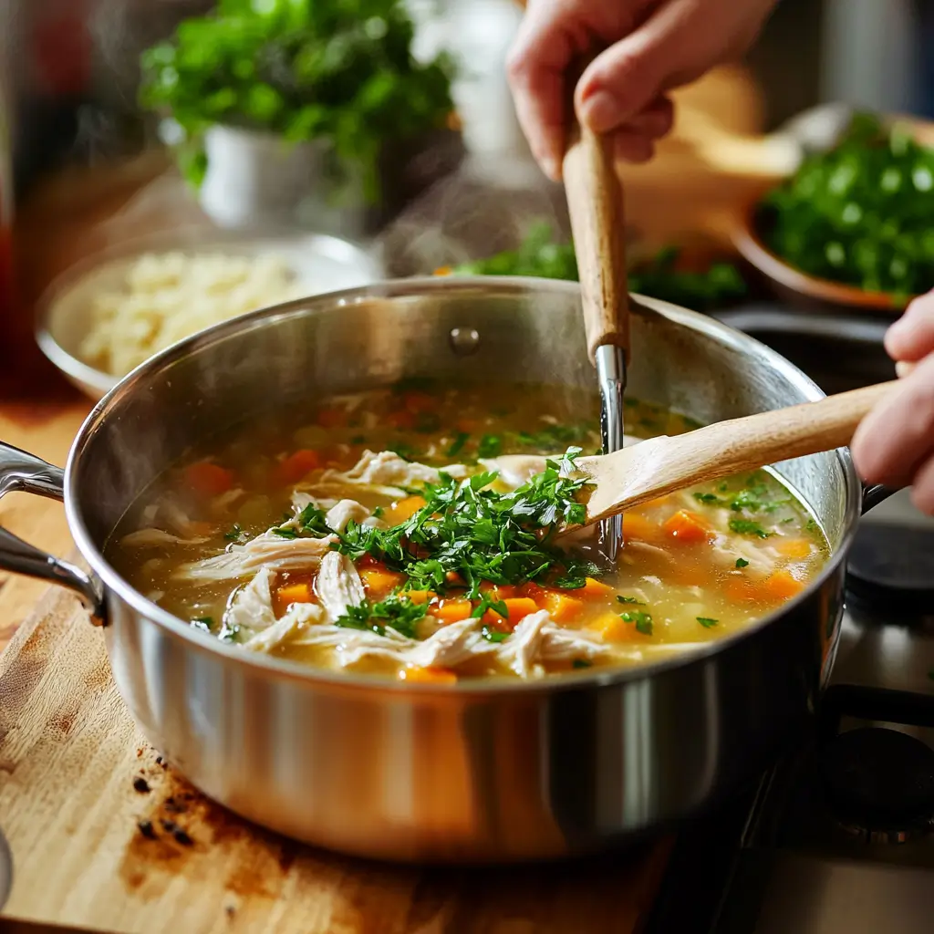 A steaming bowl of chicken pastina soup with tiny pasta, shredded chicken, and vegetables.