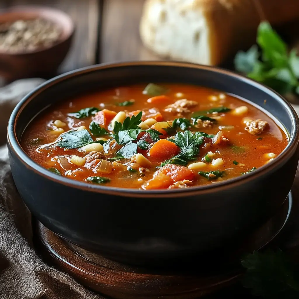 Warm and flavorful homemade soup with a rich broth, packed with carrots, beans, and fresh herbs.