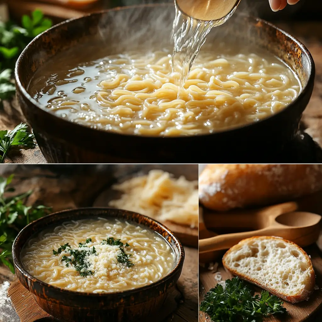 Close-up of pastina soup with golden broth, pasta, and a sprinkle of cheese, with steam rising from the bowl.