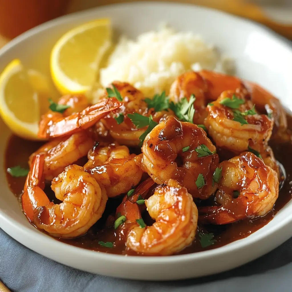 Close-up of BBQ shrimp glistening in a savory sauce, topped with fresh herbs and accompanied by a lemon slice.