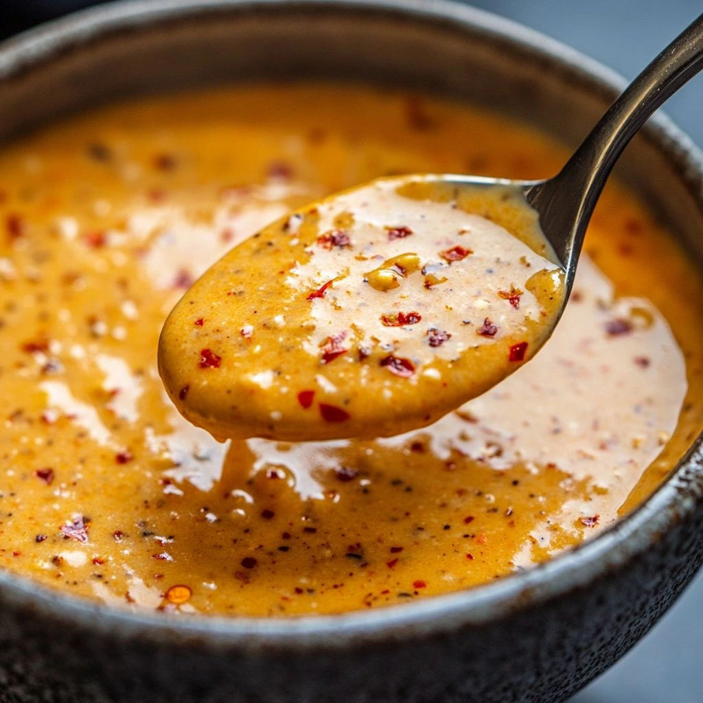 A close-up image of a creamy and spicy Bang Bang Sauce in a bowl with a spoon lifting a portion, showcasing its smooth texture and flecks of red chili flakes.