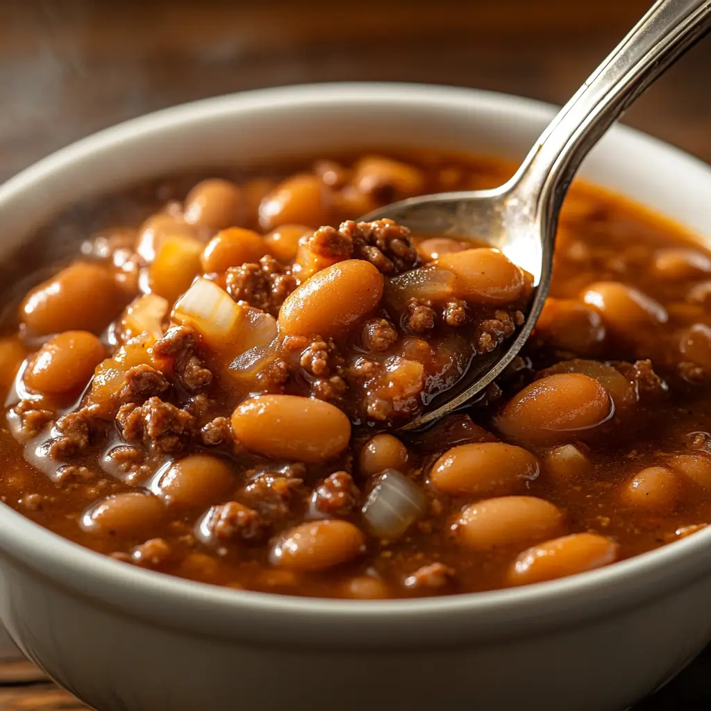 Close-up of homemade calico beans with a spoon, showing a thick, flavorful texture.