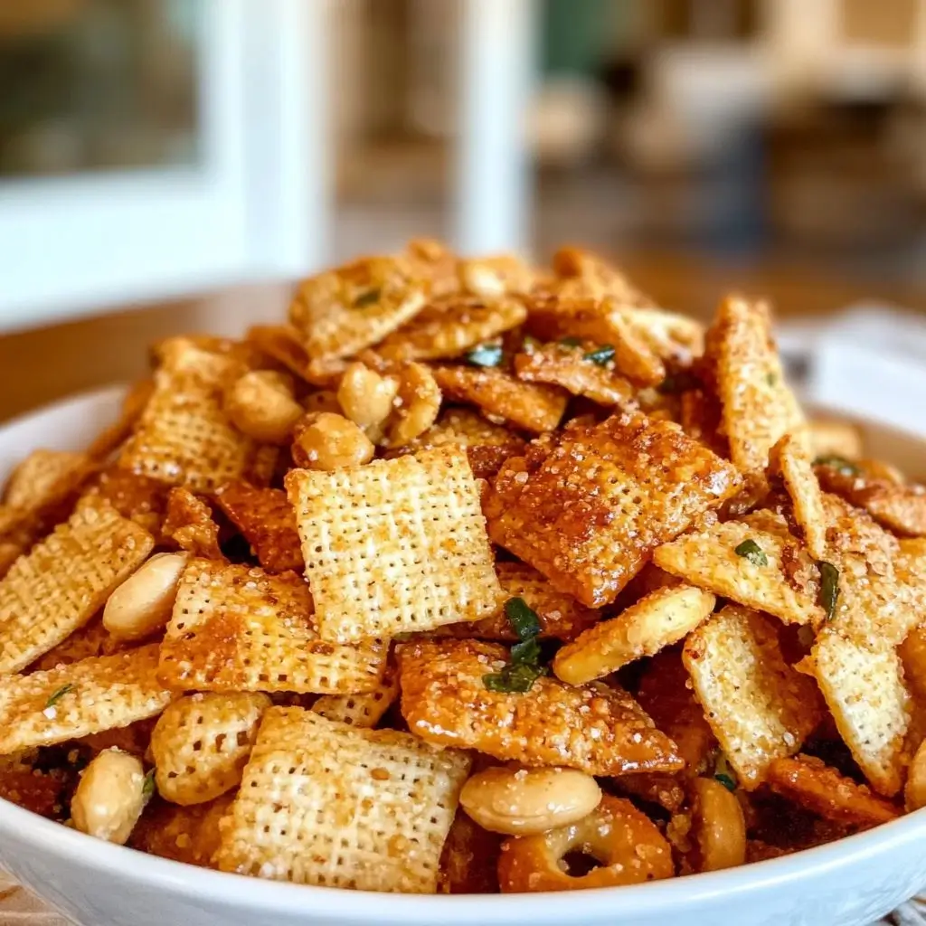 A bowl filled with golden-brown Chex mix, featuring cereal squares, peanuts, pretzels, and a light seasoning garnish.
