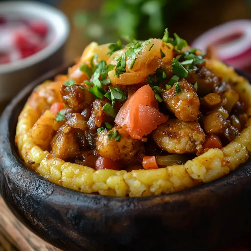 A close-up of Puerto Rican mofongo, topped with golden-brown shrimp, diced tomatoes, and fresh herbs
