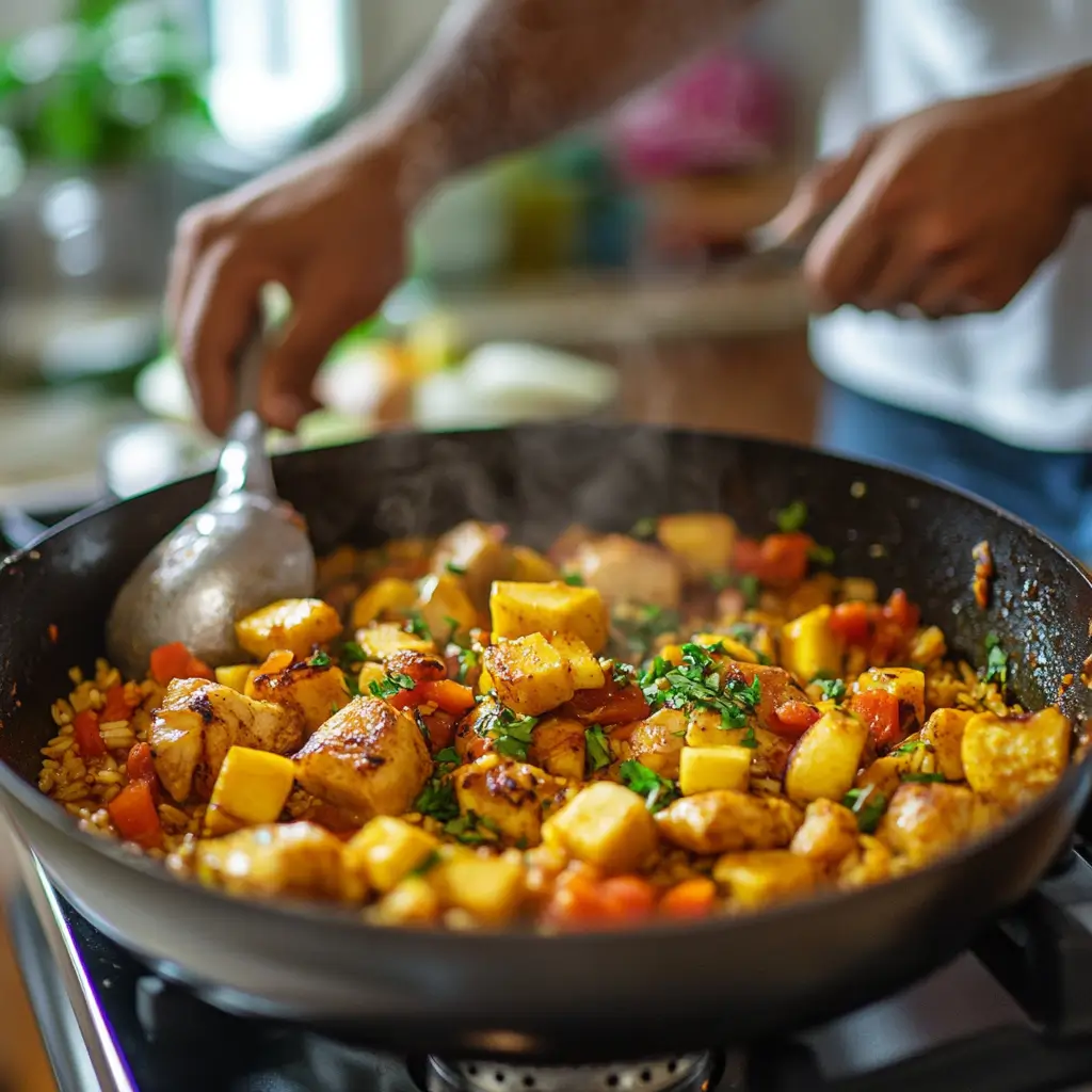 A serving of mofongo made from mashed plantains, topped with grilled garlic shrimp, fresh tomatoes, and chopped cilantro.