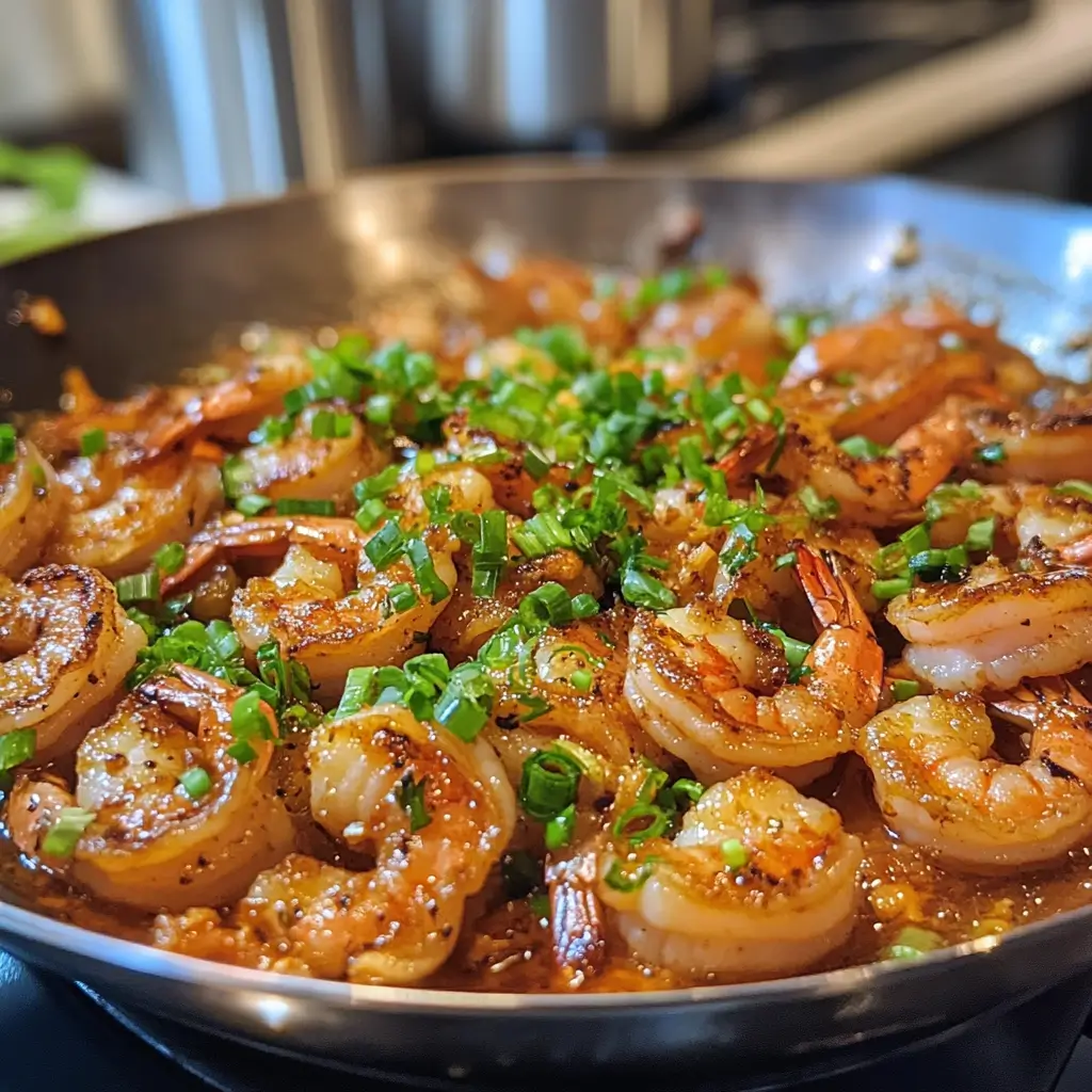 Close-up of pan-seared shrimp in a rich, buttery garlic sauce, sprinkled with fresh herbs.