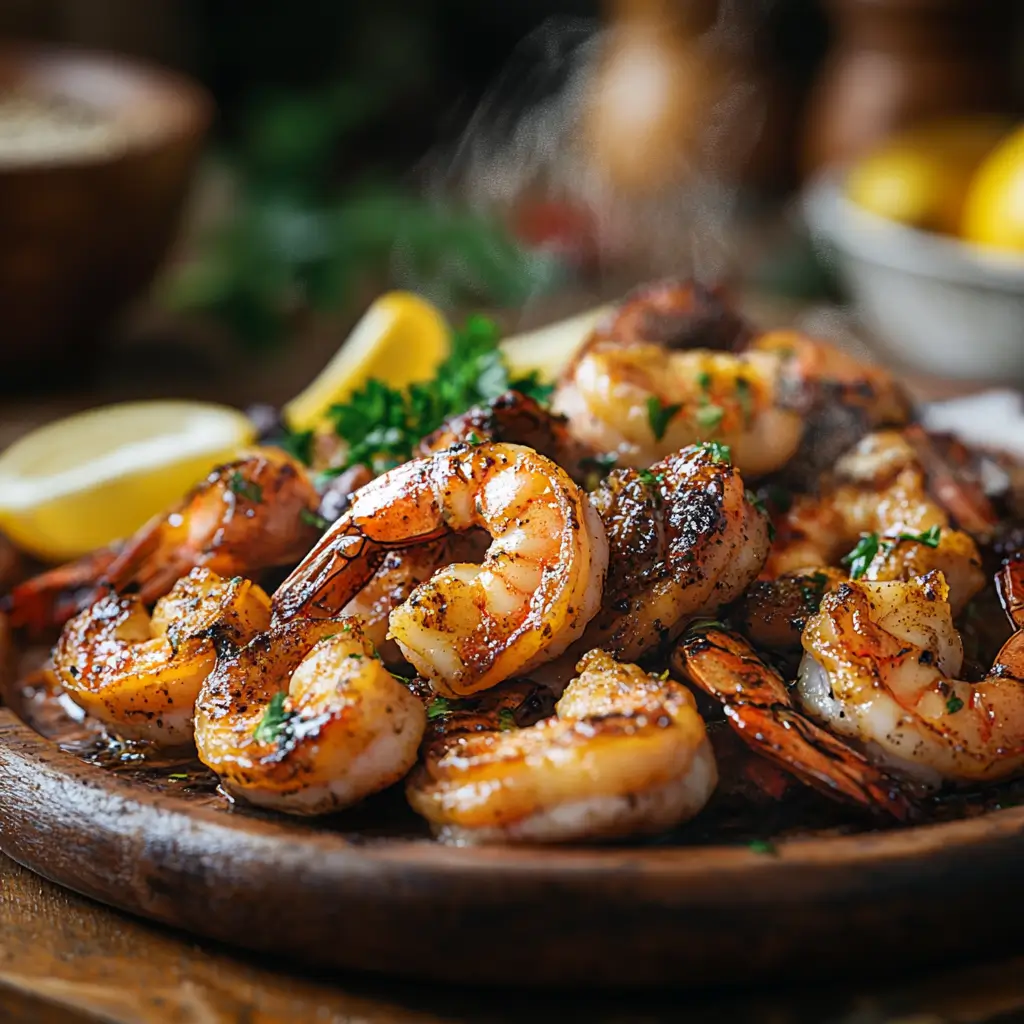 A sizzling plate of grilled shrimp garnished with fresh herbs and lemon wedges.