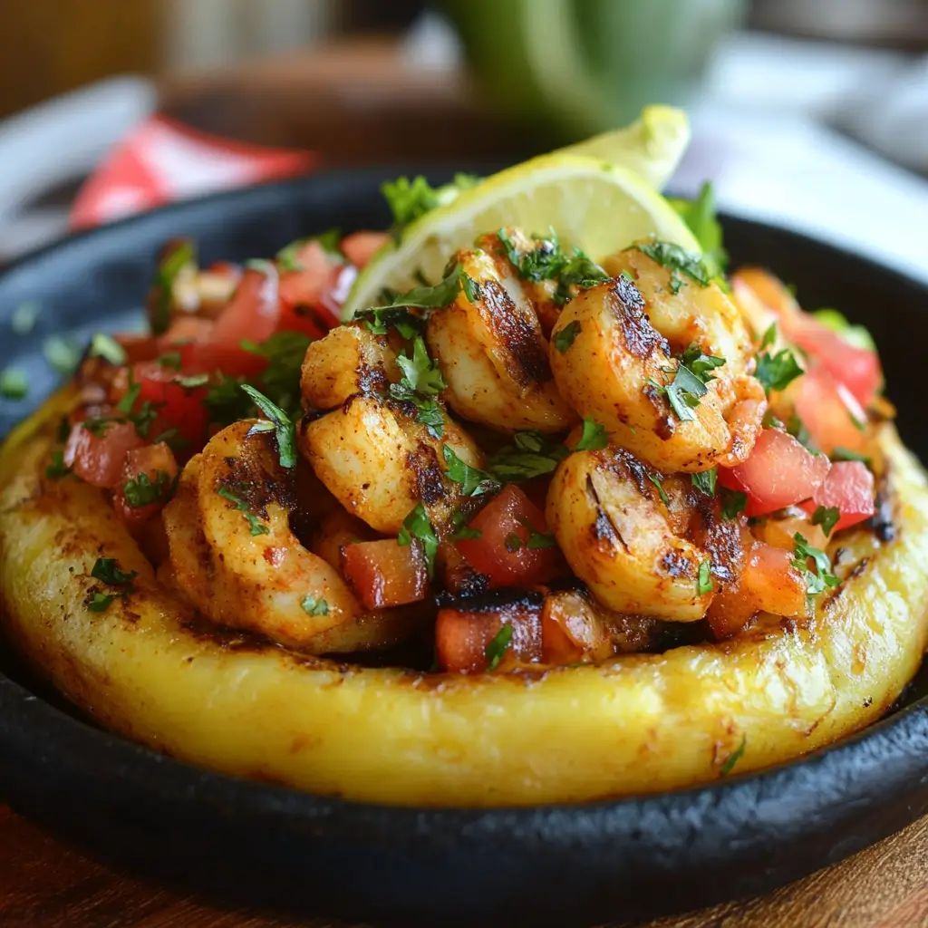 A traditional Puerto Rican mofongo dish served with seasoned shrimp, garnished with fresh lime and herbs.