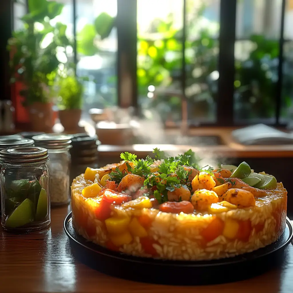 A steaming, colorful Puerto Rican meal garnished with fresh herbs and lime.