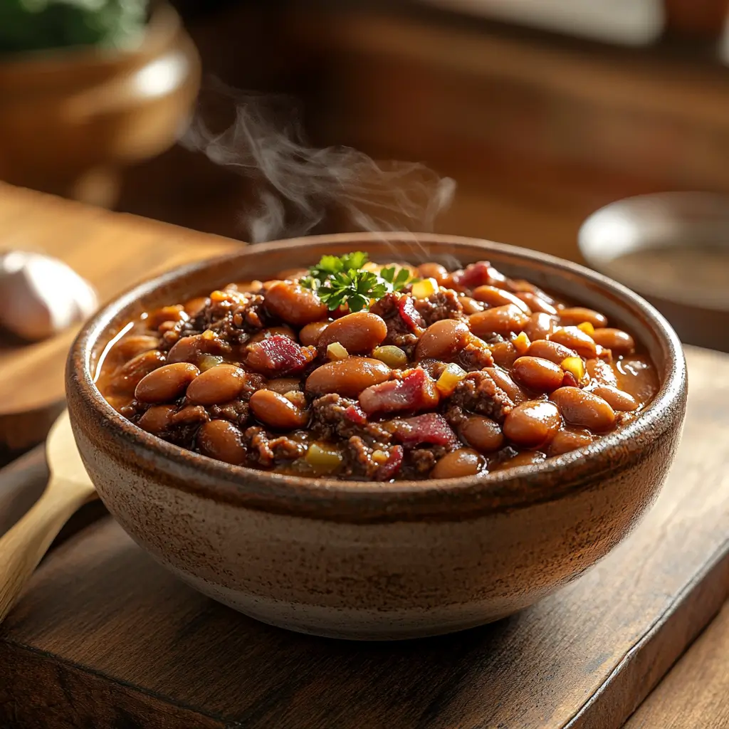 A hearty bowl of calico beans with tender beans, smoky bacon, and seasoned ground beef.