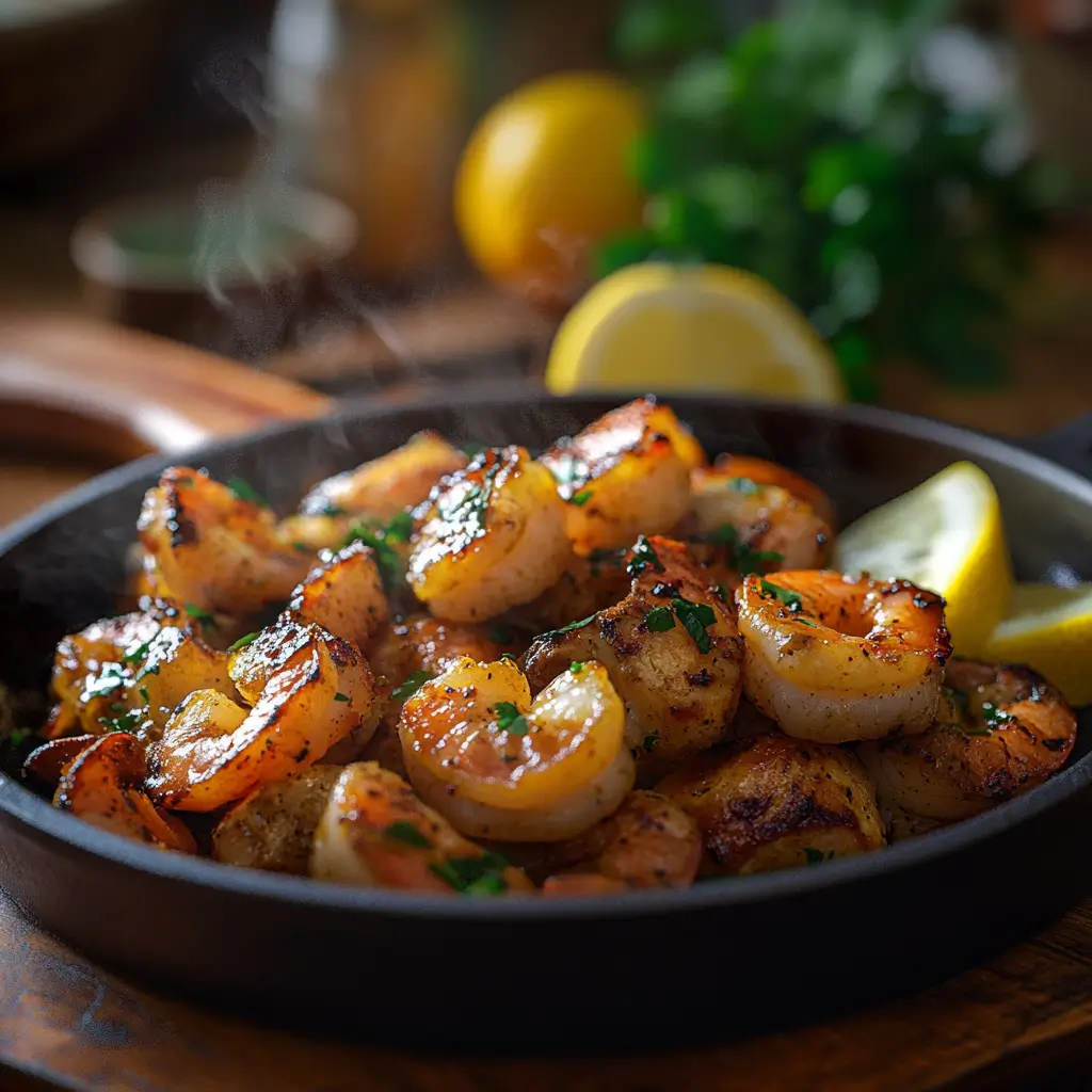 Close-up of perfectly seasoned and grilled shrimp, steaming hot with fresh parsley and lemon slices.