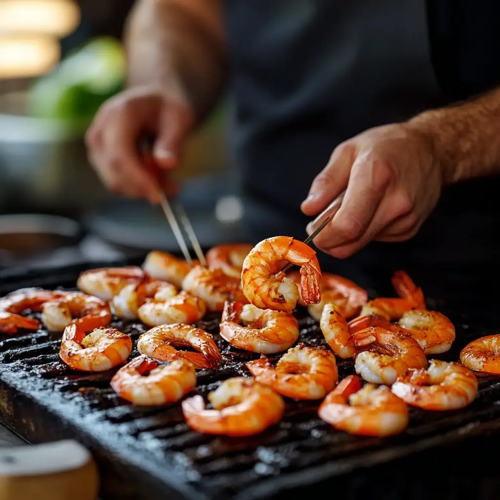 Fresh prawns on bamboo skewers sizzling on a barbecue grill with glowing embers beneath.