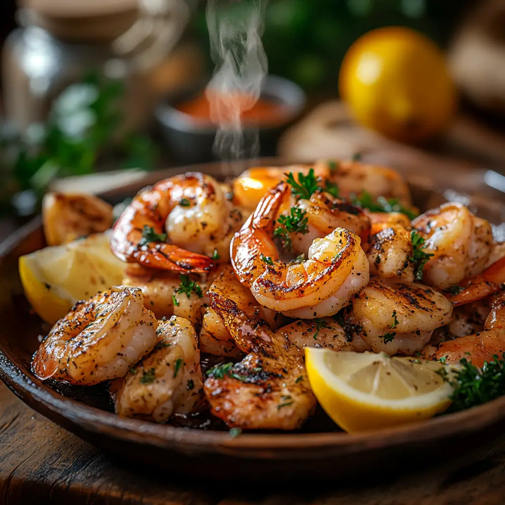 Juicy, golden-brown shrimp with a smoky char, served on a rustic wooden platter.
