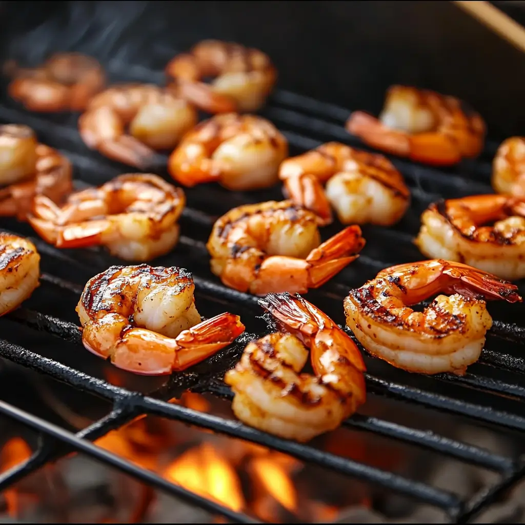 Shell-on shrimp grilling over open flames, with a perfectly golden and smoky finish.