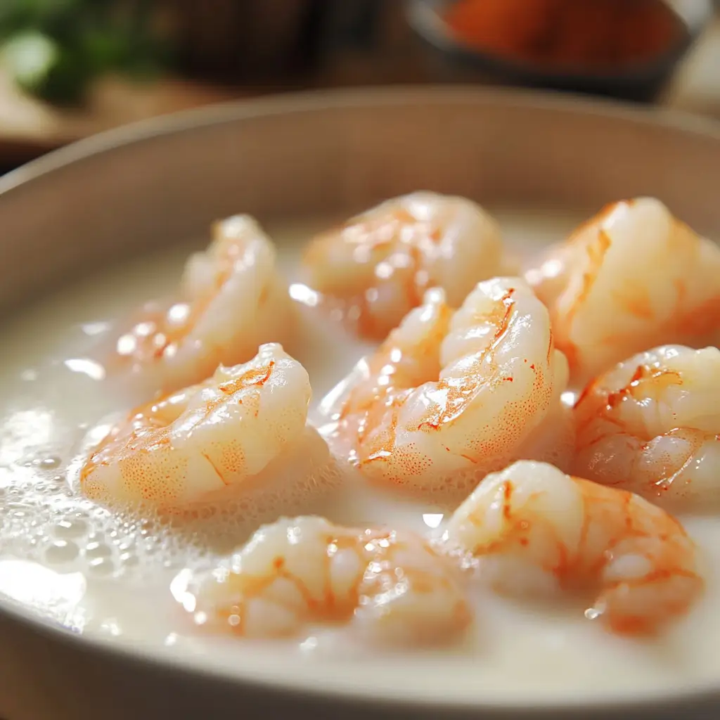Raw shrimp soaking in milk to enhance flavor and tenderness before frying.